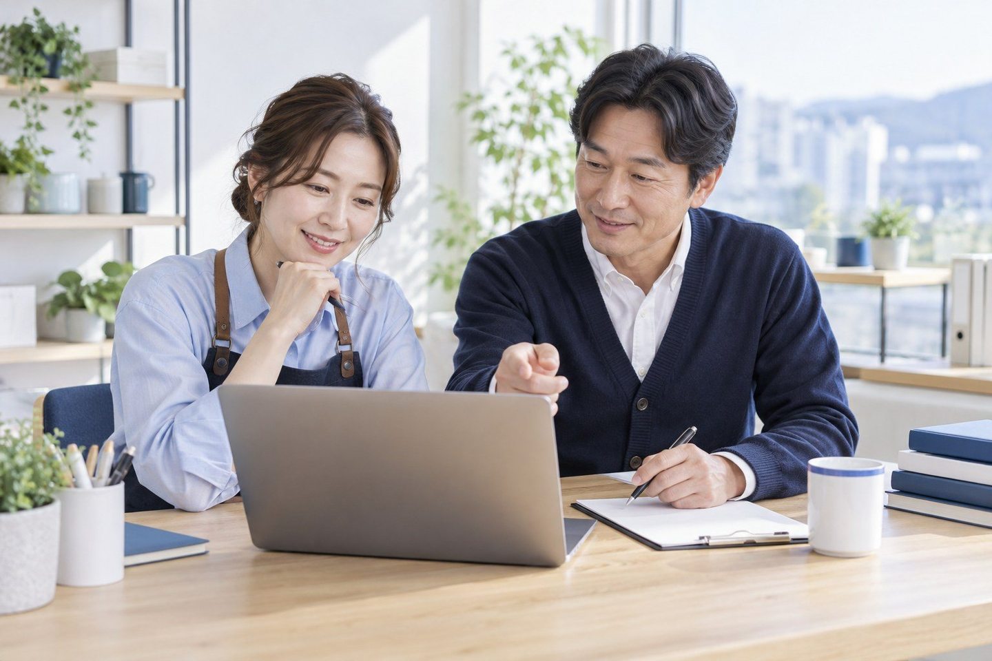 서류를 펼치고 조건을 함께 확인하는 두 사람 — 출장 수리 사장님이 망설이다 전화한 날을 따라가 볼게요